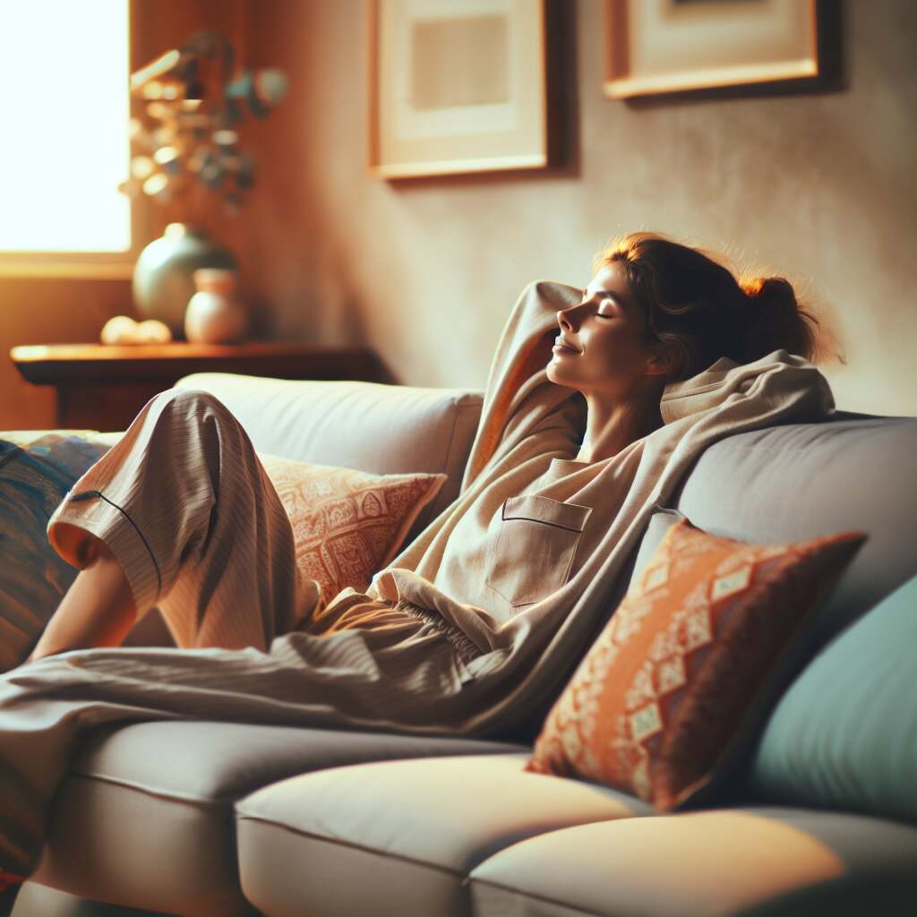 Kobieta praktykuje dolce far niente, czyli słodkie nicnierobienie, odpoczywając na kanapie w domu.