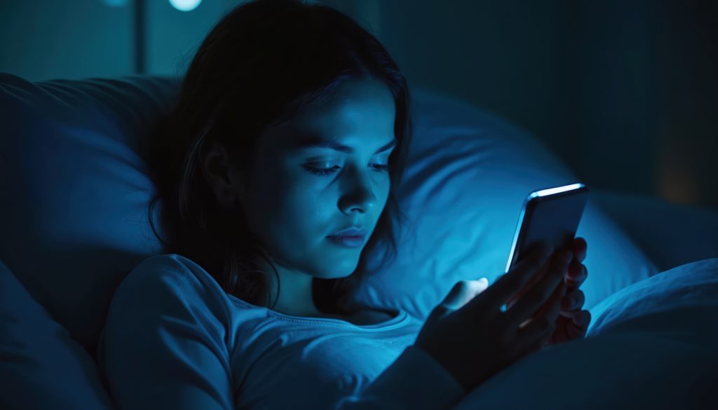 Kobieta leżąca w łóżku i przeglądająca telefon przed snem