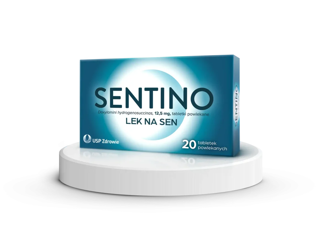 Opakowanie leku na sen SENTINO (doksylamina) 12,5 mg, 20 tabletek, USP Zdrowie