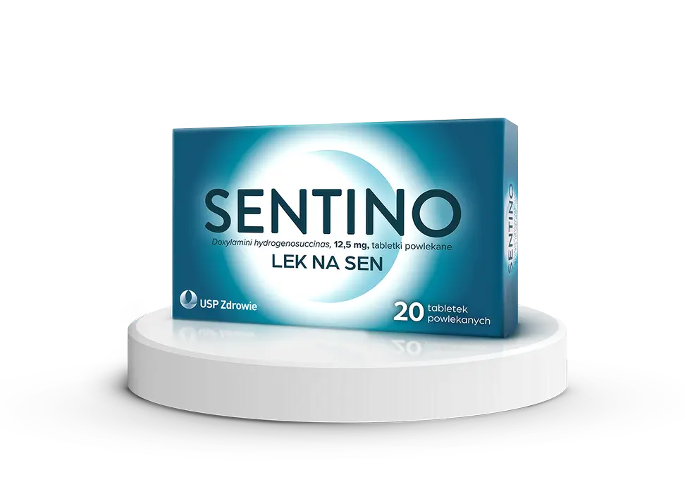 Opakowanie leku na sen SENTINO (doksylamina) 12,5 mg, 20 tabletek, USP Zdrowie