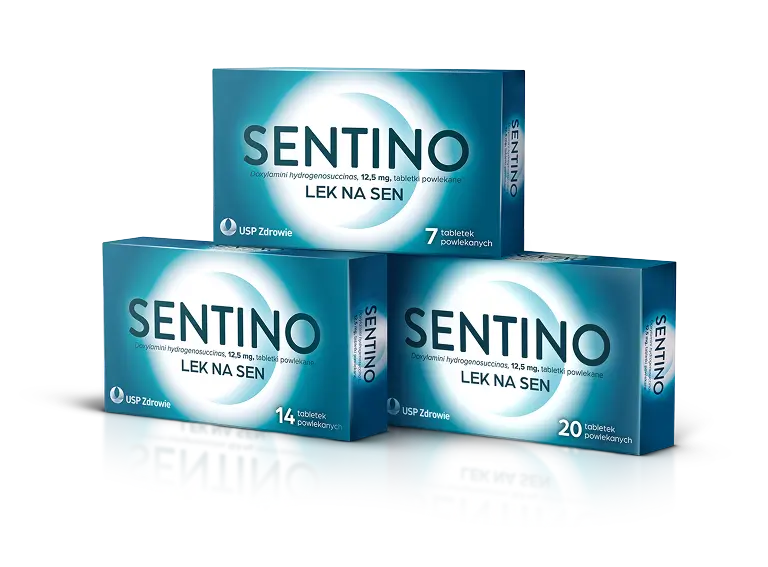 Trzy opakowania leku na sen SENTINO (doksylamina 12,5 mg) na niebieskim tle