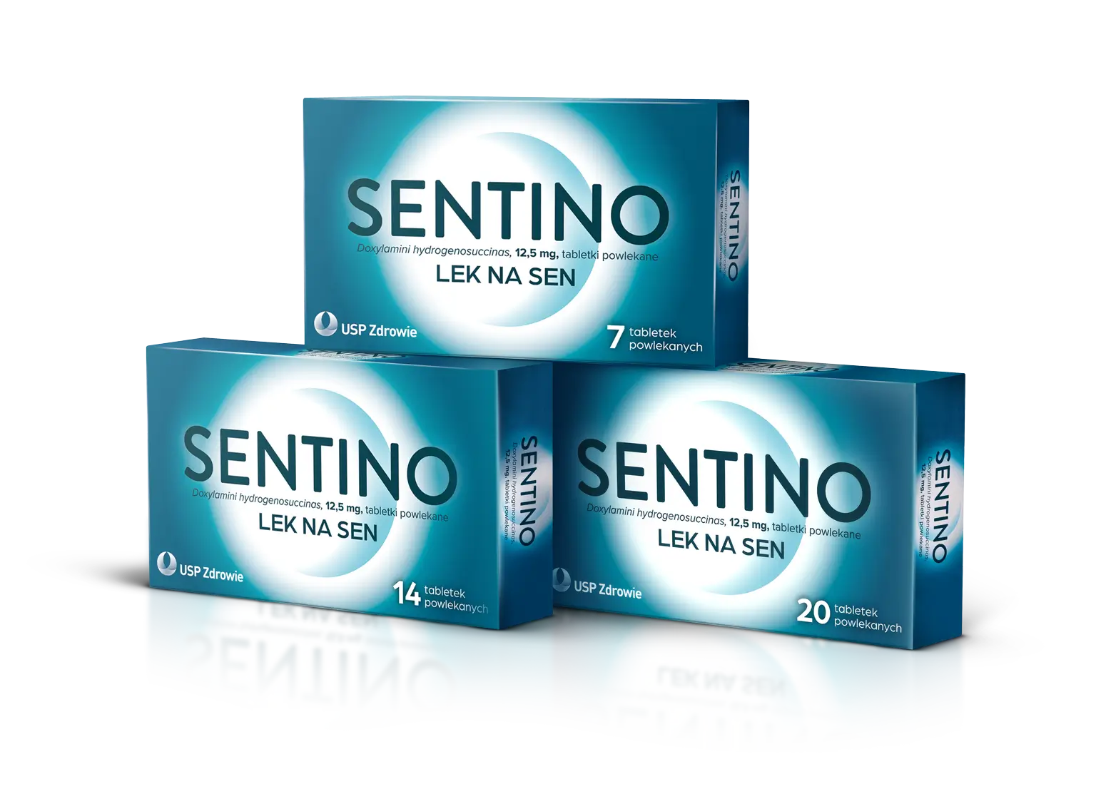 Trzy opakowania leku na sen SENTINO (doksylamina 12,5 mg) na niebieskim tle