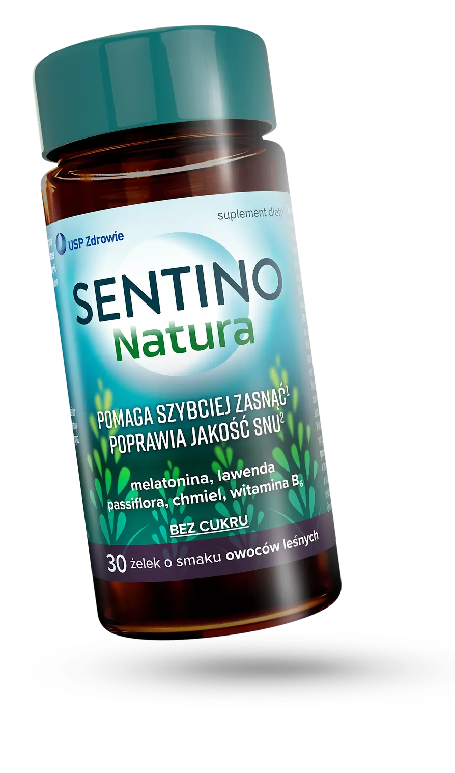 Opakowanie żelków SENTINO Natura, suplement na sen z melatoniną i ekstraktami ziołowymi, bez cukru.